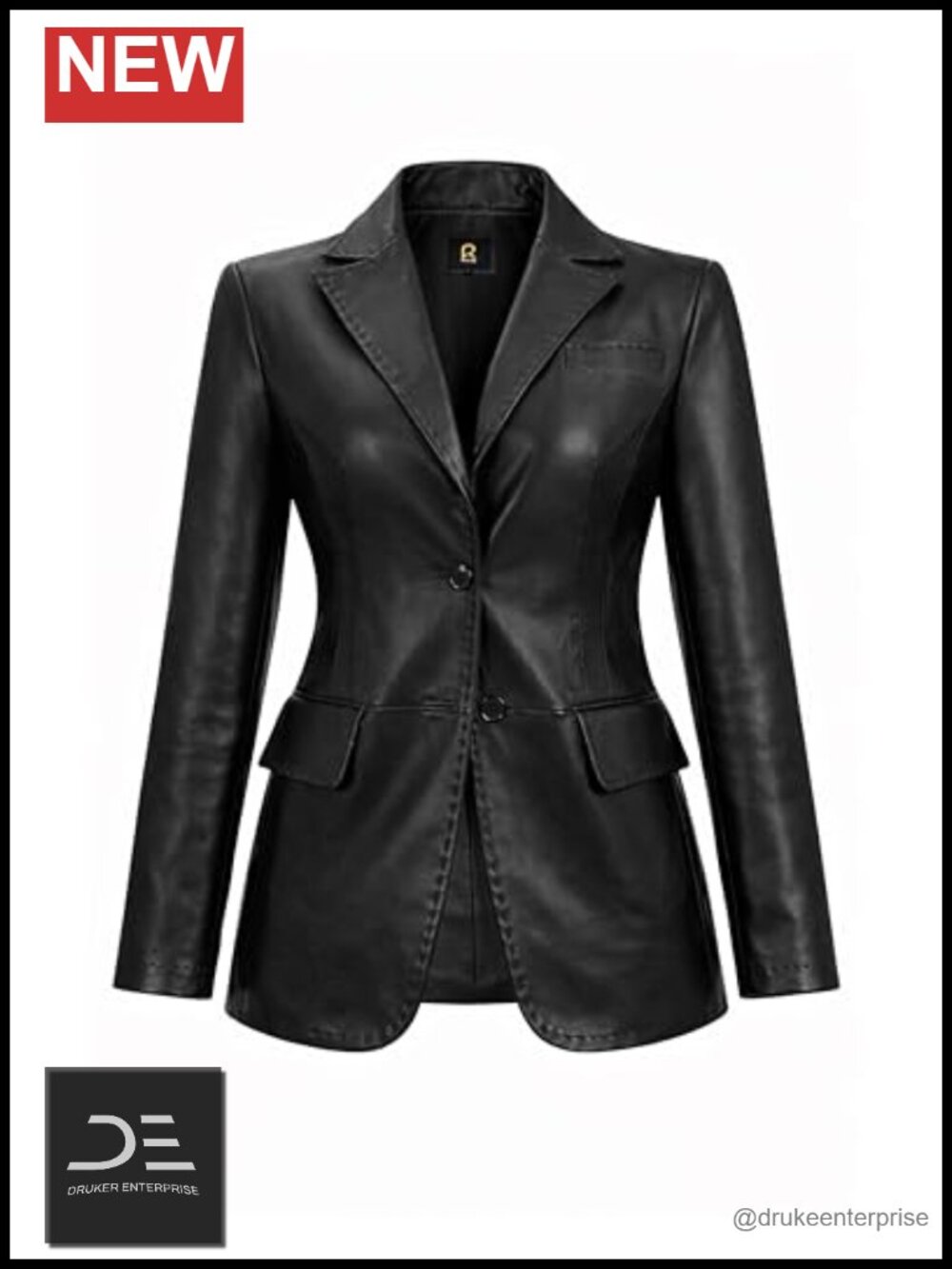 Women's Genuine Leather Blazer Coat Tailored Notch Lapel Button Front